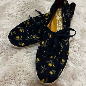 Keds navy and yellow flower tie up sneakers, size 9, worn once